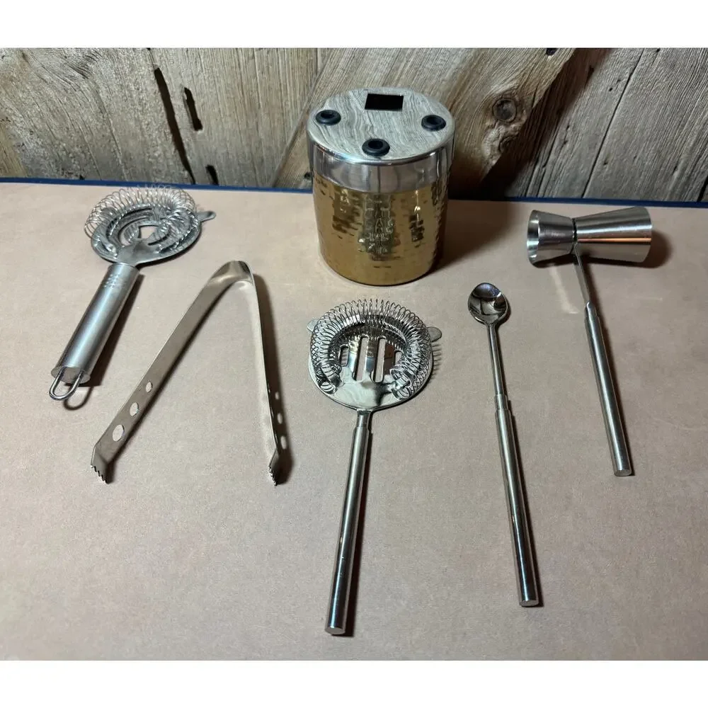 Hammered Brass Barcraft Cocktail Tool Kit & Stand 6 Piece Barware Set Drinks